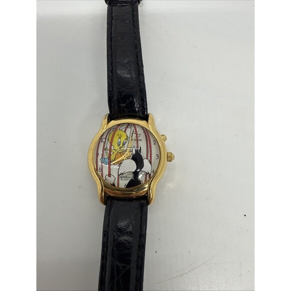 Vtg Armitron Women Sylvester & Tweety Looney Leather Musical Quartz Watch 6 1/2" - Picture 1 of 6